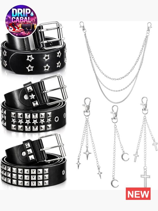 Faux Leather Studded Belts with Detachable Tassel Pendants and Pant Chain
